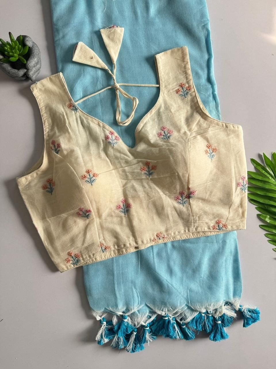 Khadi Cotton Plain Saree with Embroidered Readymade Blouse
