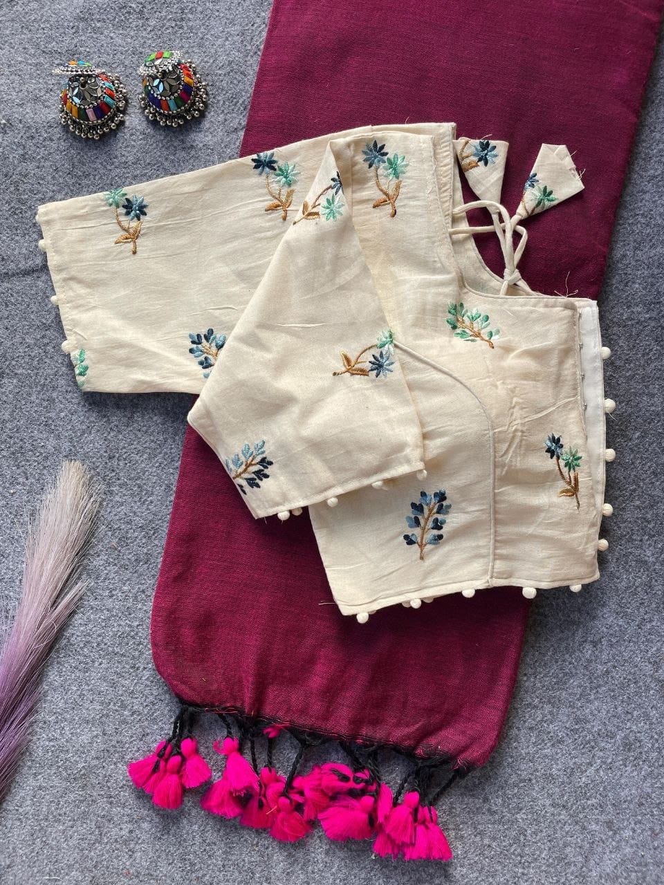 Khadi Cotton Plain Saree with Embroidered Readymade Blouse