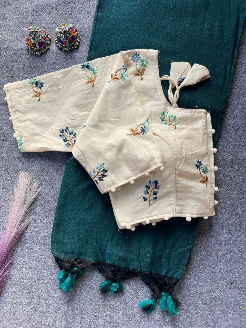 Khadi Cotton Plain Saree with Embroidered Readymade Blouse