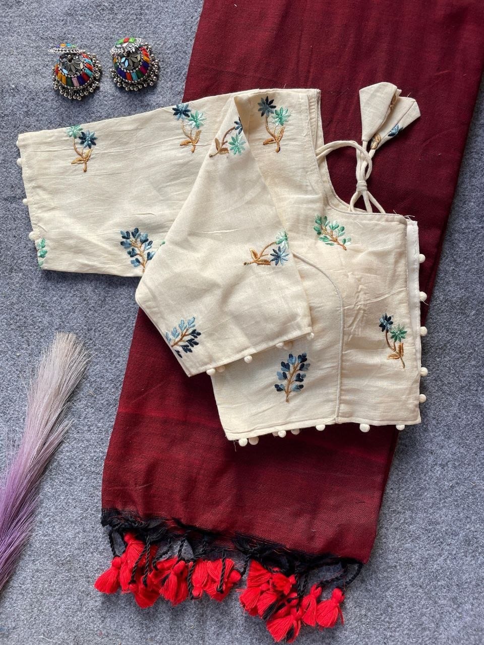 Khadi Cotton Plain Saree with Embroidered Readymade Blouse