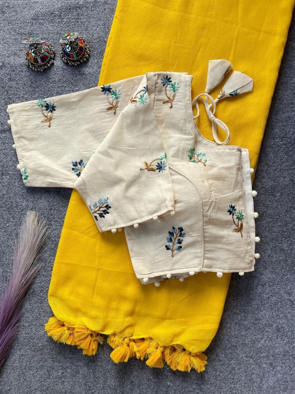 Khadi Cotton Plain Saree with Embroidered Readymade Blouse