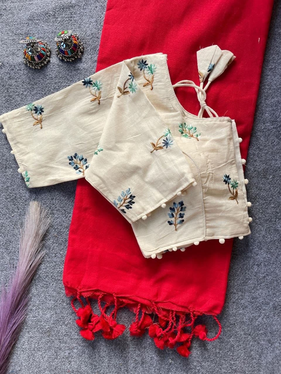 Khadi Cotton Plain Saree with Embroidered Readymade Blouse