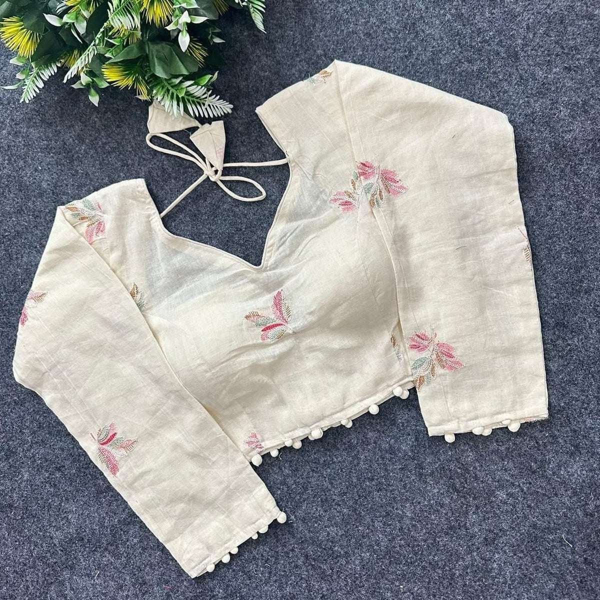 Khadi Cotton Embroidered Readymade Long Sleeve Blouse