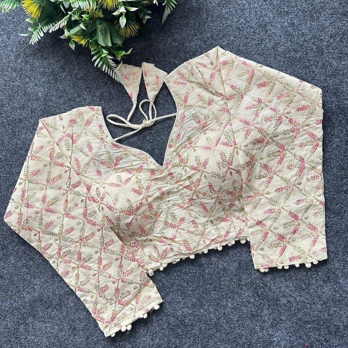 Khadi Cotton Embroidered Readymade Long Sleeve Blouse