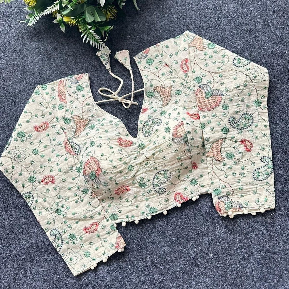 Khadi Cotton Embroidered Readymade Long Sleeve Blouse
