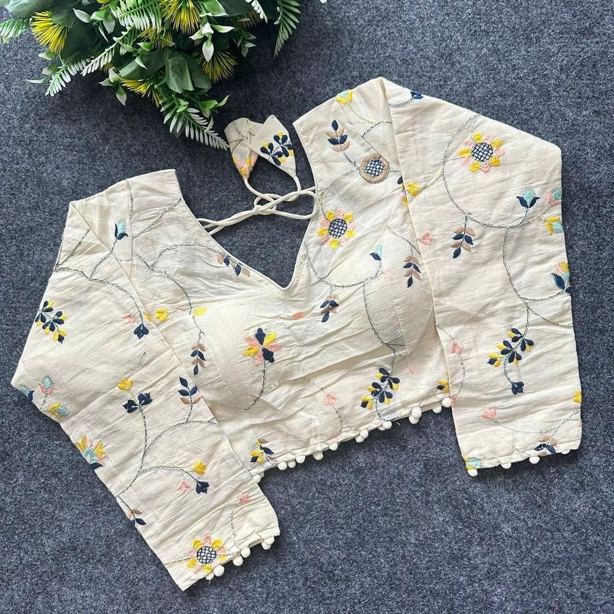 Khadi Cotton Embroidered Readymade Long Sleeve Blouse