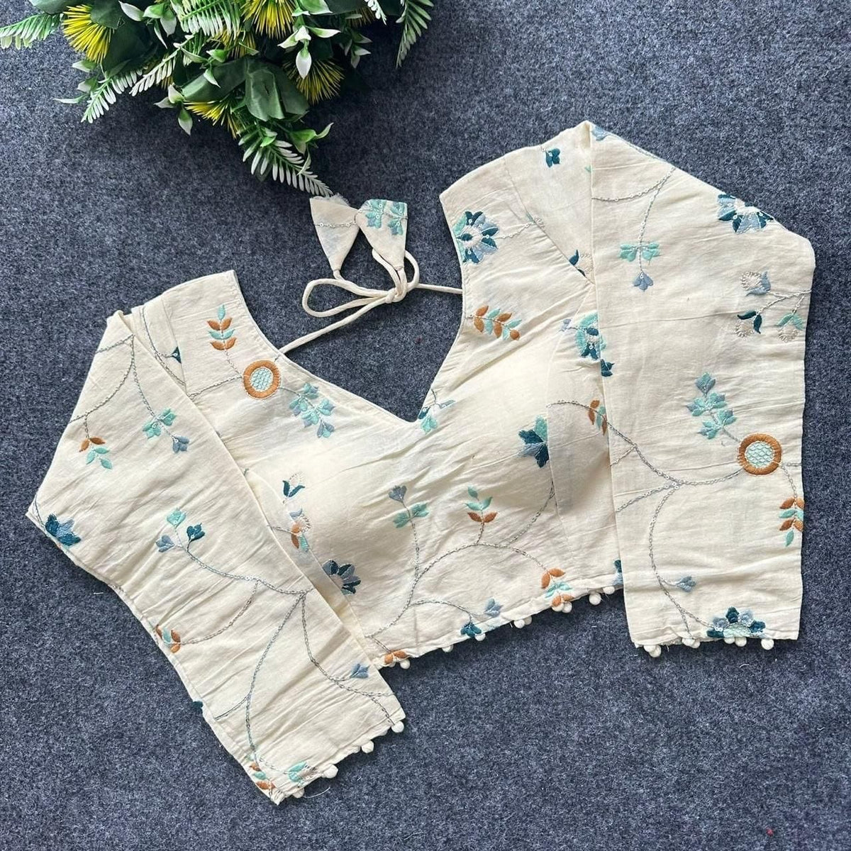 Khadi Cotton Embroidered Readymade Long Sleeve Blouse
