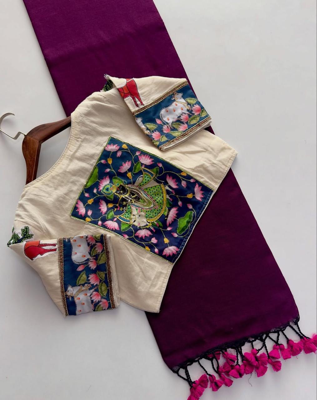 Khadi Cotton Plain Saree with Digital Print & Appliqué Work Readymade Blouse