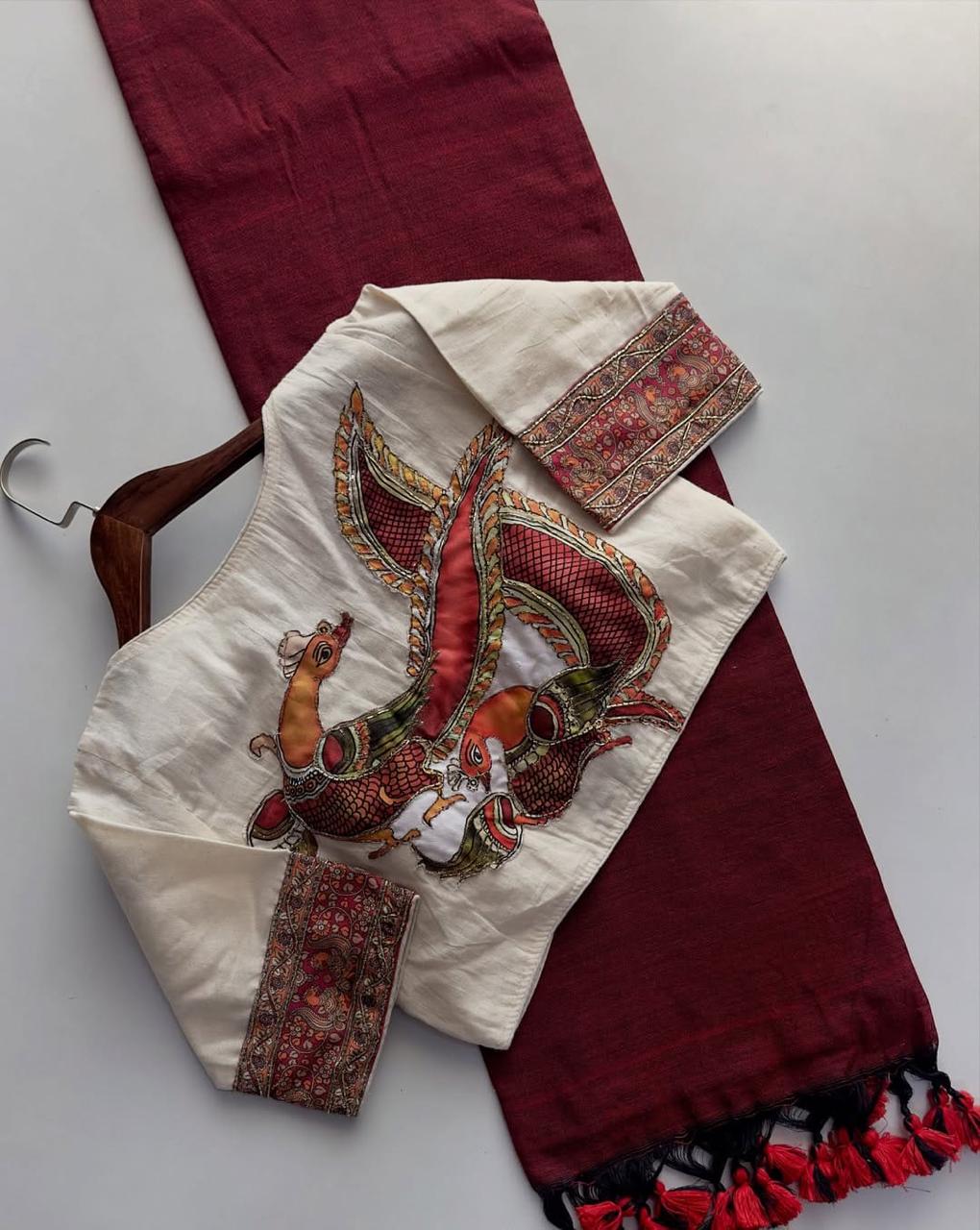 Khadi Cotton Plain Saree with Digital Print & Appliqué Work Readymade Blouse
