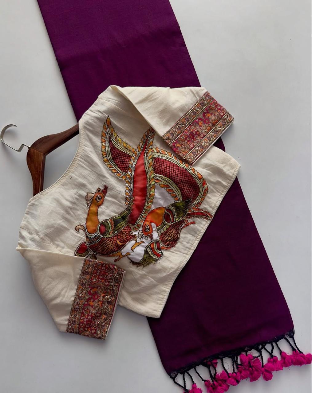 Khadi Cotton Plain Saree with Digital Print & Appliqué Work Readymade Blouse
