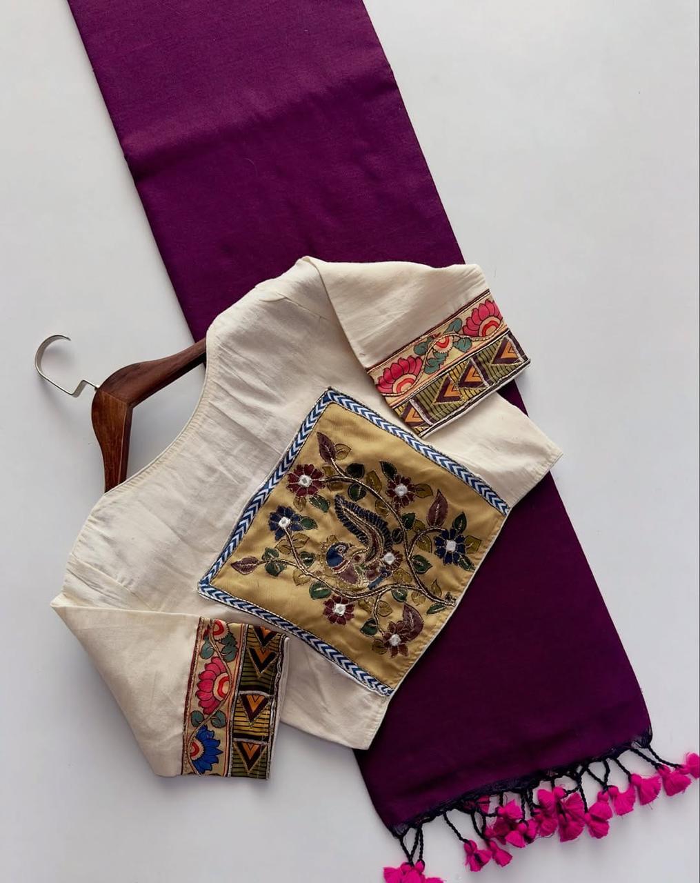 Khadi Cotton Plain Saree with Digital Print & Appliqué Work Readymade Blouse
