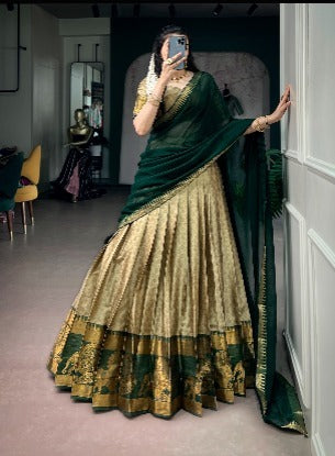 Jacquard Silk Skirt and Blouse Set with Scalloped Georgette Dupatta