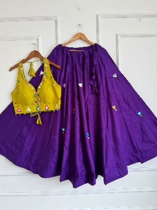 Rayon Slub Cotton Mirror Work Skirt and Blouse Set