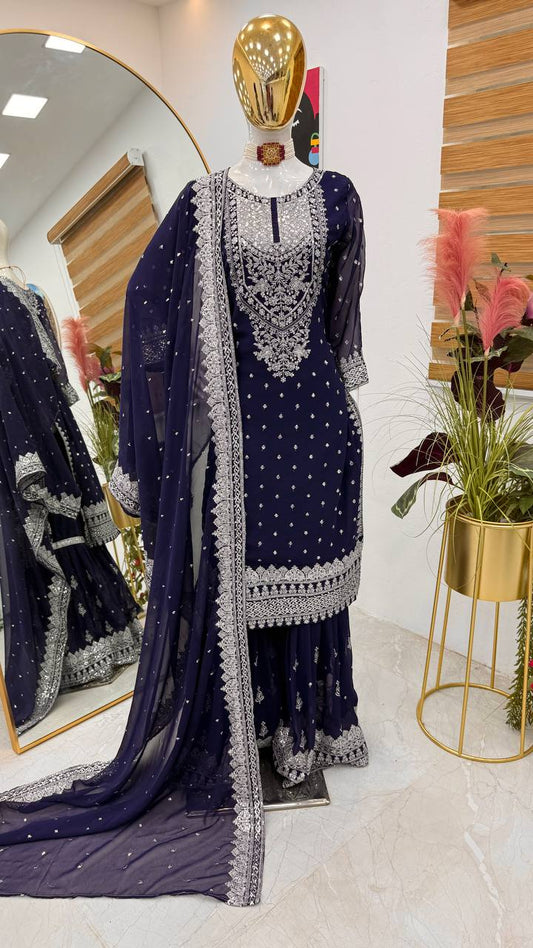 ZB-5041 – Fox Georgette Designer Sharara Suit Set - Royal Blue