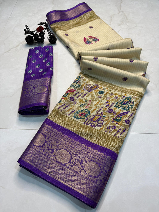Rekko Silk Saree with All-Over Floral Design & Contrast Border - Violet