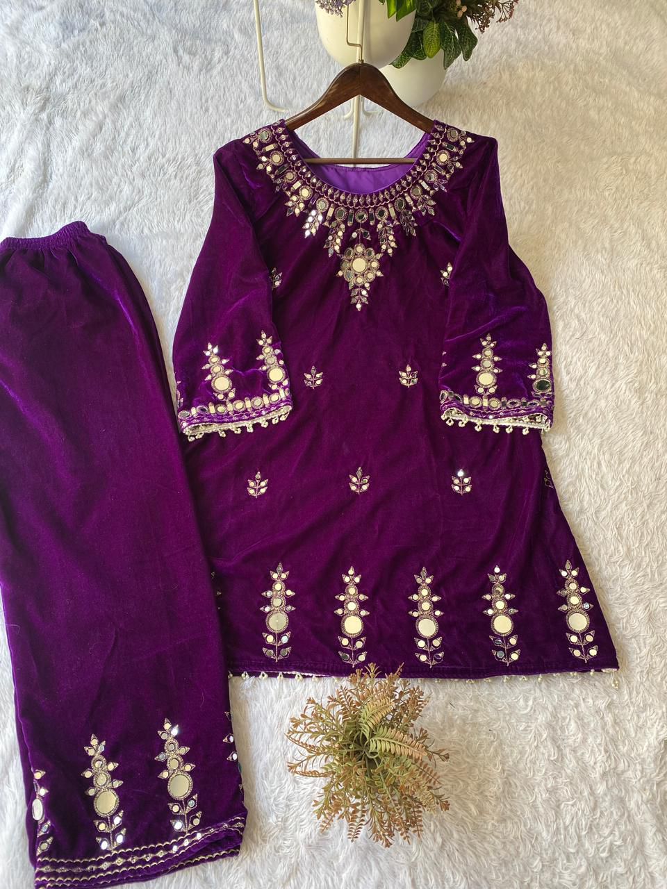 Velvet Real Mirror Work Suit Set - PURPLE