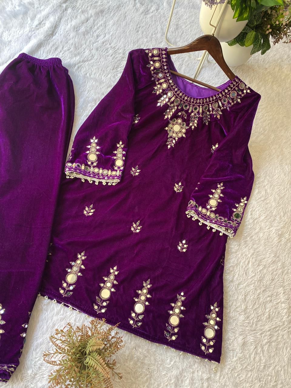 Velvet Real Mirror Work Suit Set - PURPLE