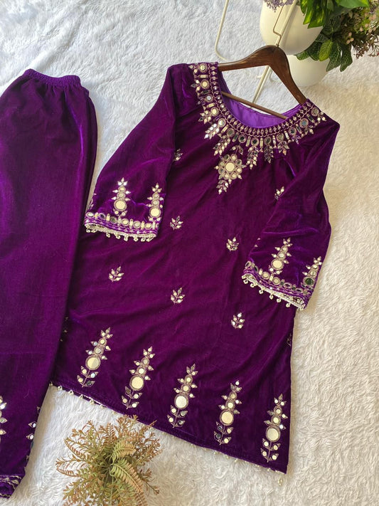 Velvet Real Mirror Work Suit Set - PURPLE