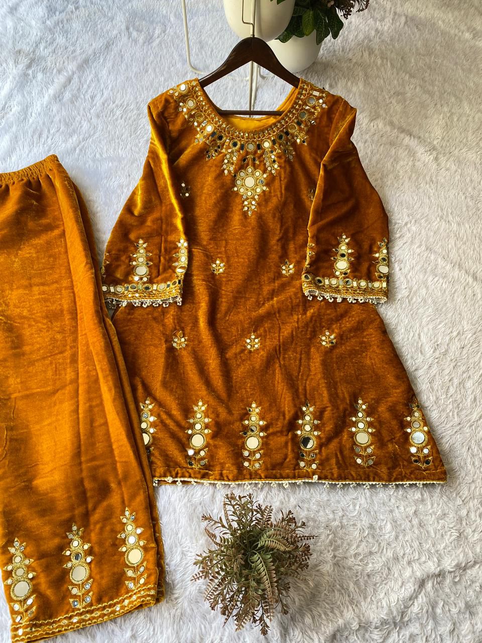 Velvet Real Mirror Work Suit Set - MUSTARD YELLOW