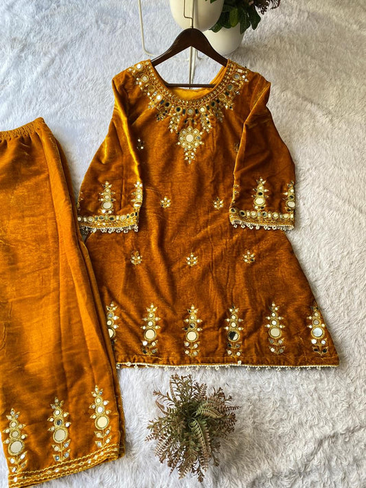 Velvet Real Mirror Work Suit Set - MUSTARD YELLOW