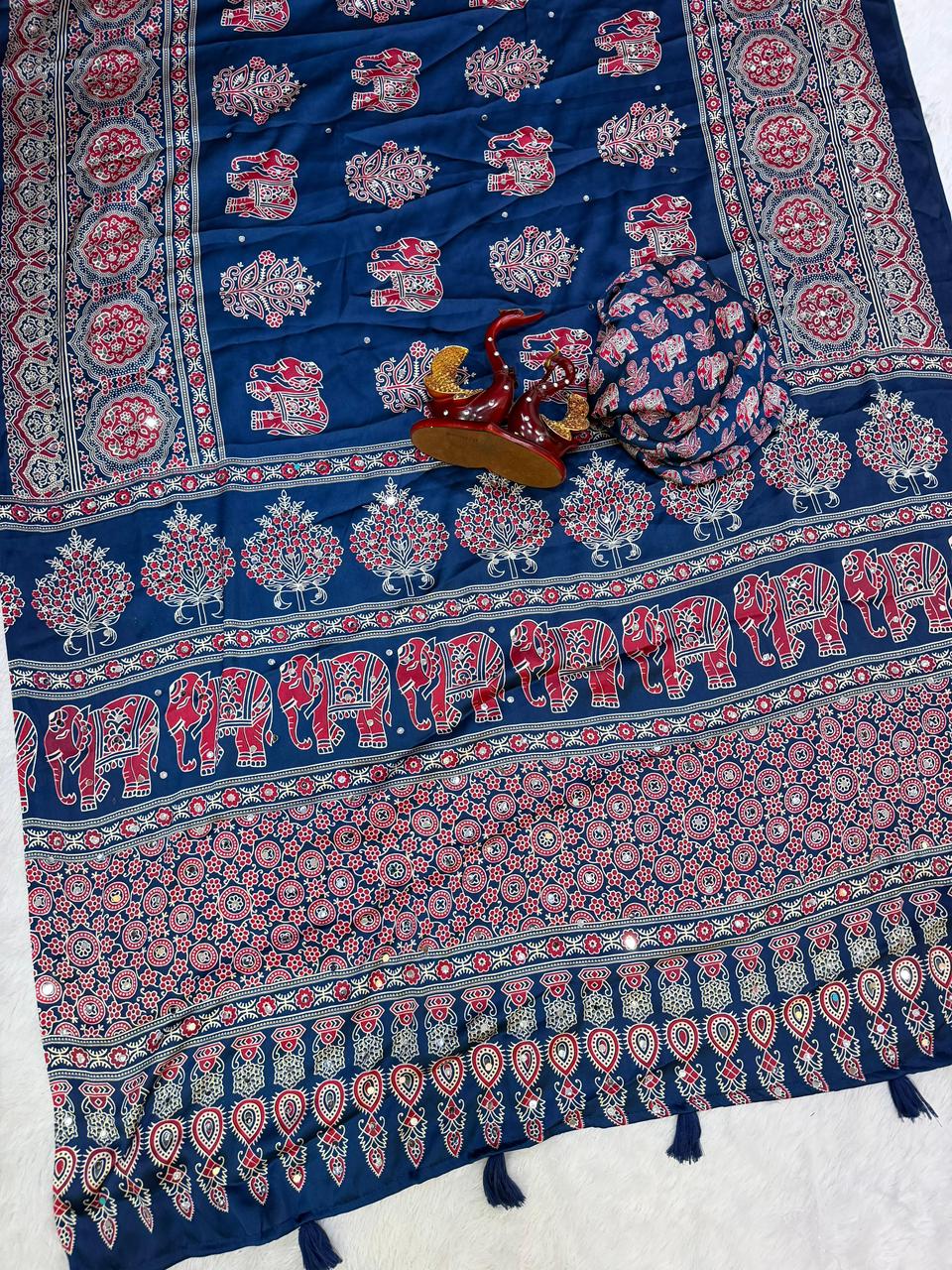 Ajrakh Crepe Silk Sarees with Real Mirror Work – 99 AED DARK RAMA BLUE