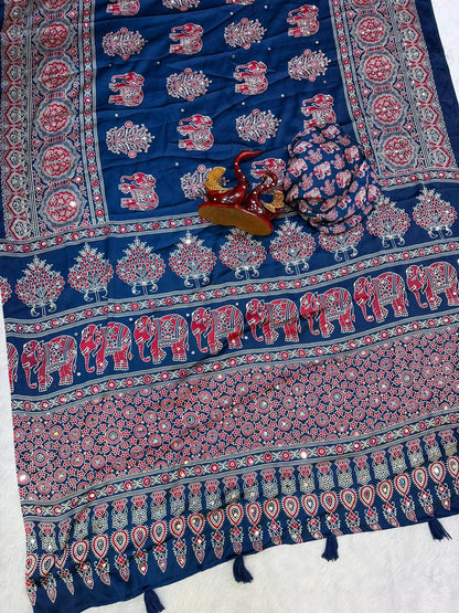 Ajrakh Crepe Silk Sarees with Real Mirror Work – 99 AED DARK RAMA BLUE