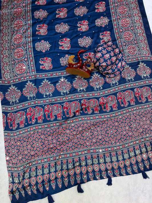 Ajrakh Crepe Silk Sarees with Real Mirror Work – 99 AED DARK RAMA BLUE