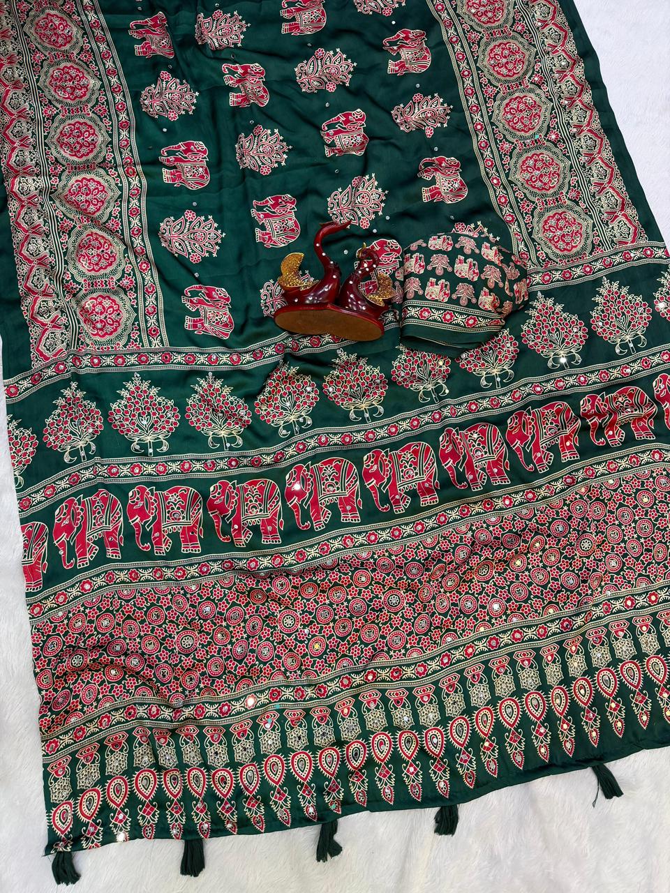 Ajrakh Crepe Silk Sarees with Real Mirror Work – 99 AED BOTTLE GREEN