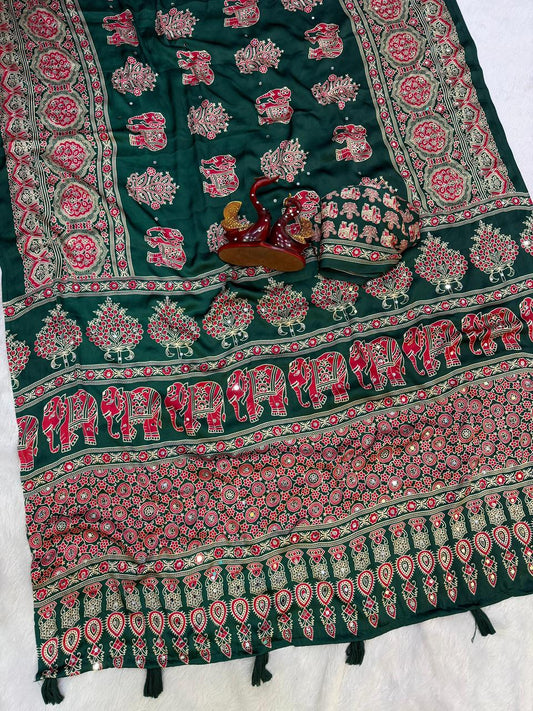 Ajrakh Crepe Silk Sarees with Real Mirror Work – 99 AED BOTTLE GREEN