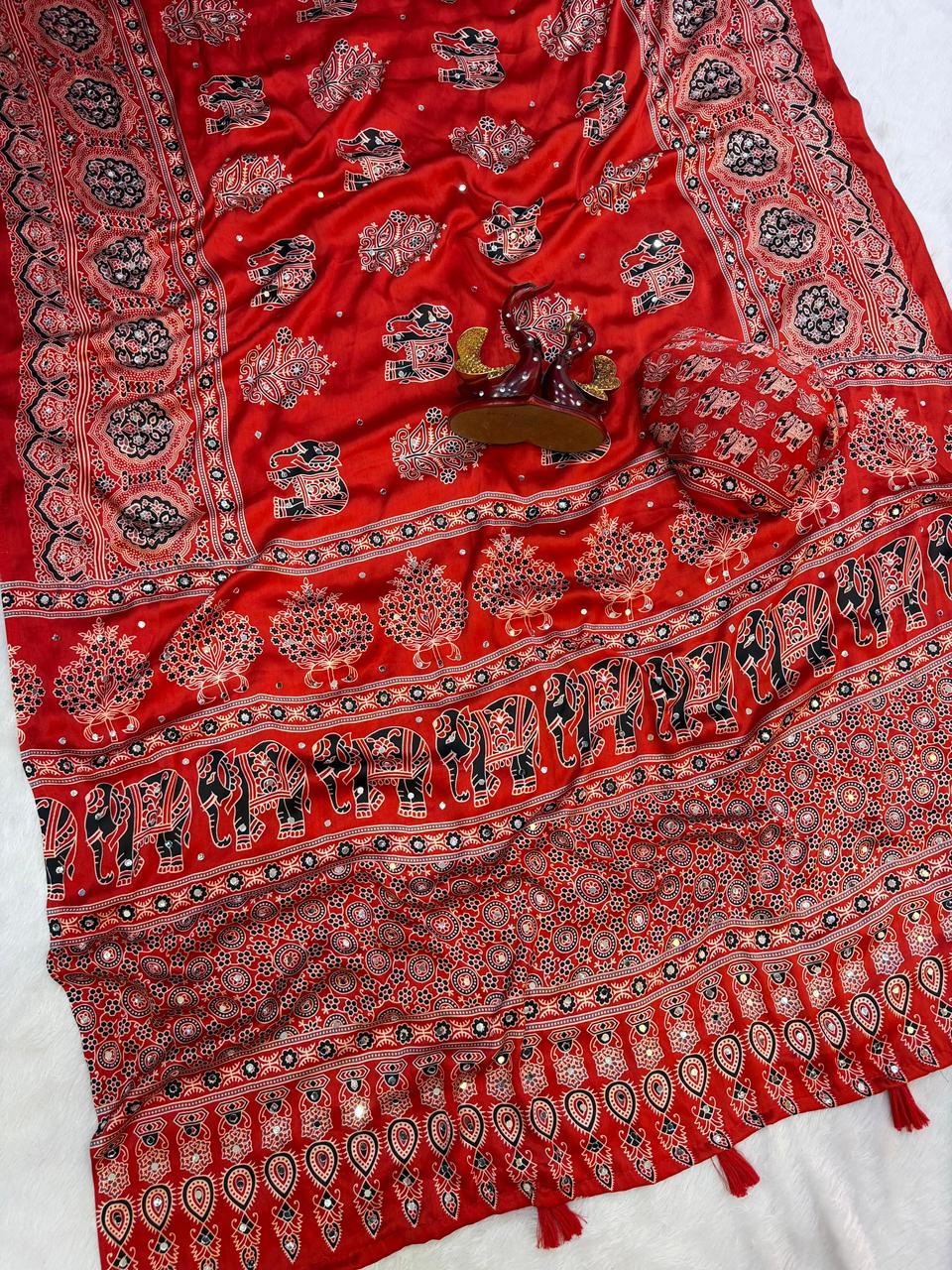 Ajrakh Crepe Silk Sarees with Real Mirror Work – 99 AED DARK RED