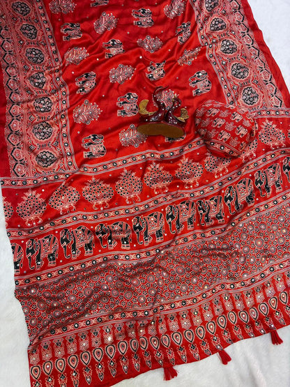 Ajrakh Crepe Silk Sarees with Real Mirror Work – 99 AED DARK RED