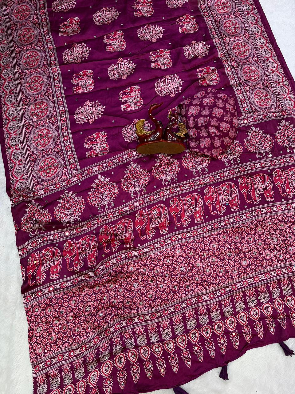 Ajrakh Crepe Silk Sarees with Real Mirror Work – 99 AED WINE