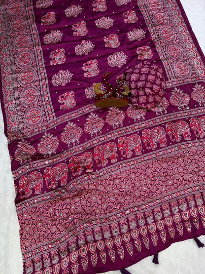 Ajrakh Crepe Silk Sarees with Real Mirror Work – 99 AED WINE