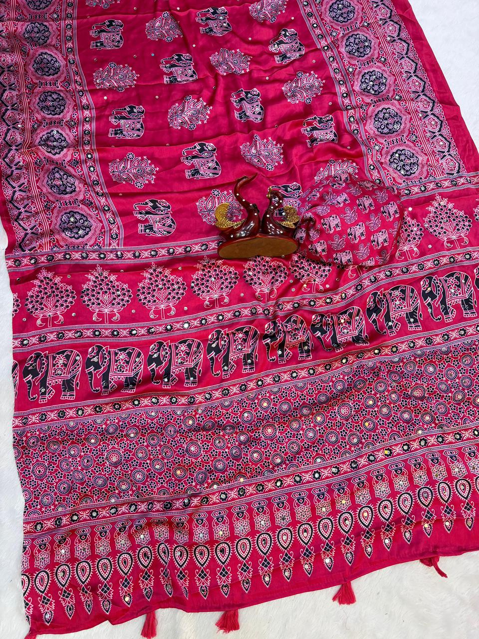 Ajrakh Crepe Silk Sarees with Real Mirror Work – 99 AED RANI PINK