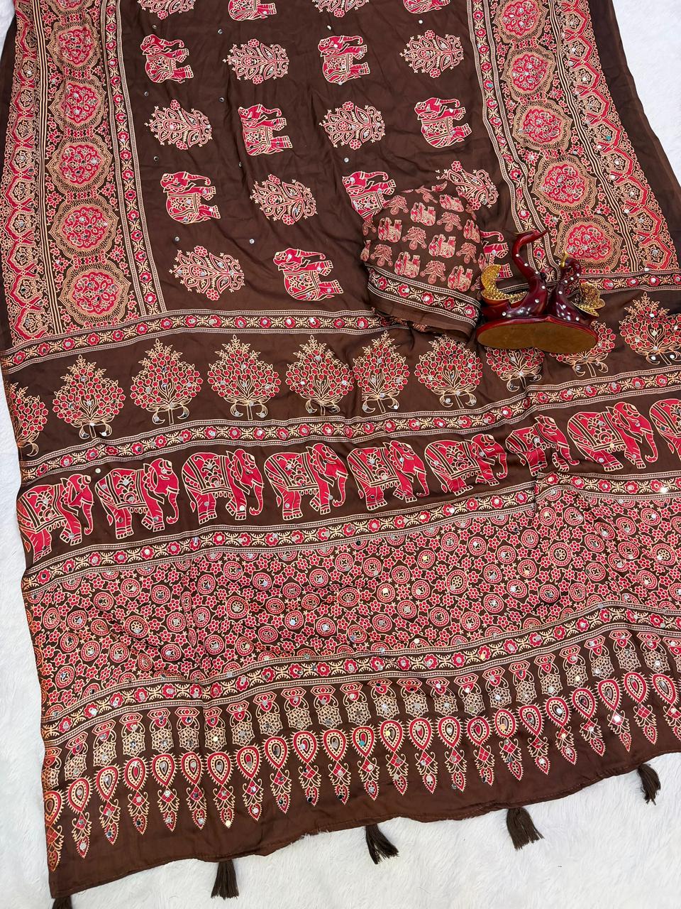 Ajrakh Crepe Silk Sarees with Real Mirror Work – 99 AED BROWN