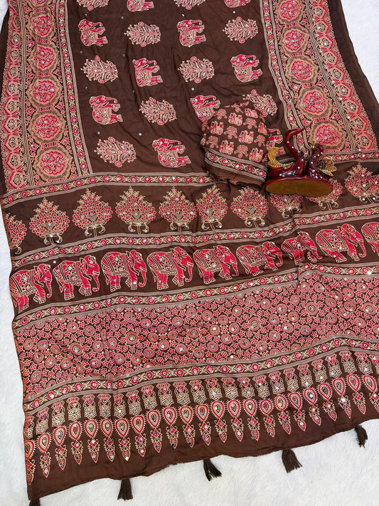 Ajrakh Crepe Silk Sarees with Real Mirror Work – 99 AED BROWN