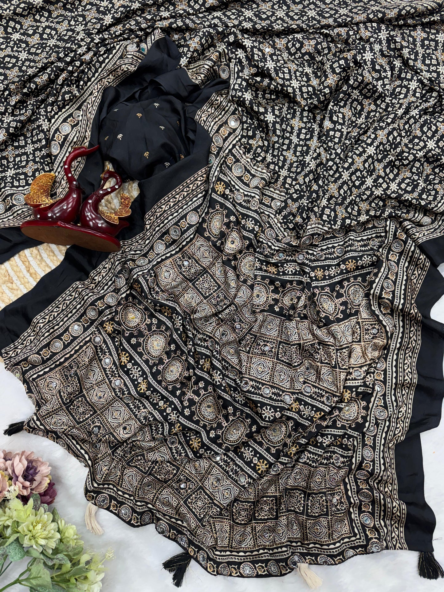 Ajrakh Crepe Silk Sarees with Real Mirror Work – 99 AED BLACK
