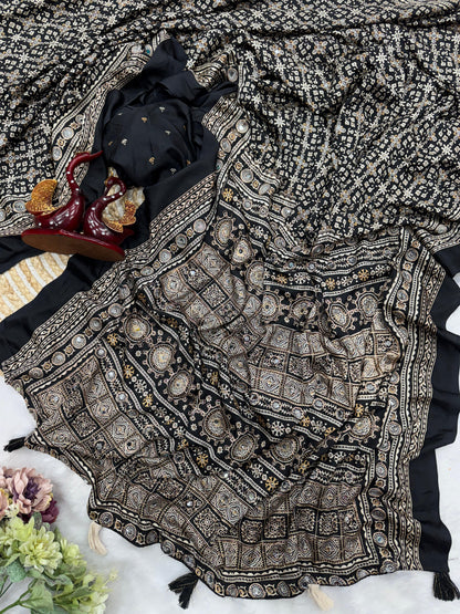 Ajrakh Crepe Silk Sarees with Real Mirror Work – 99 AED BLACK