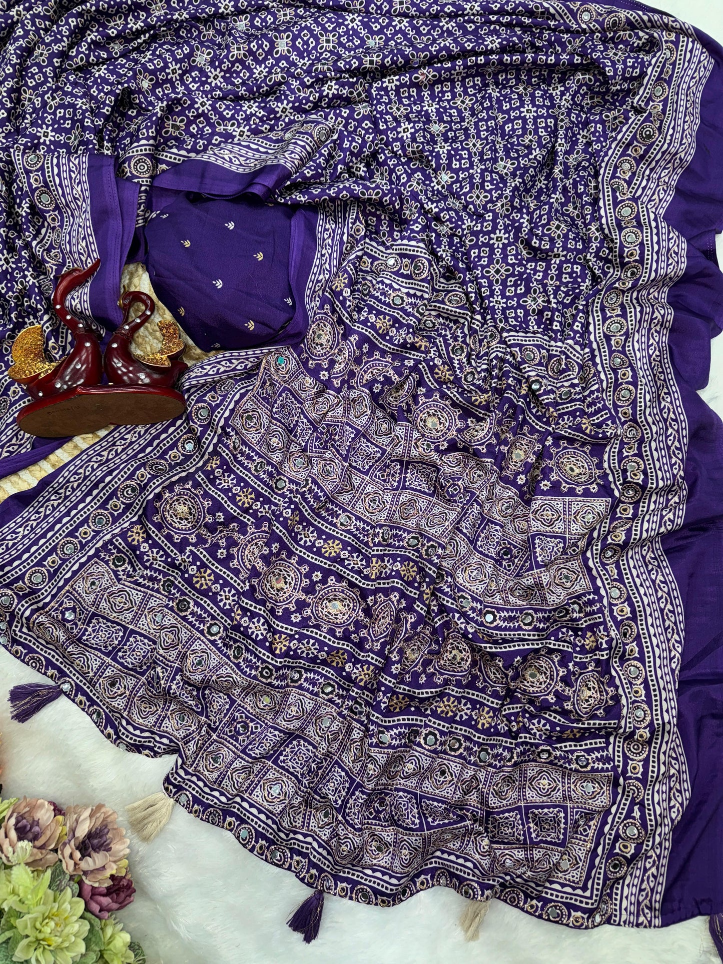 Ajrakh Crepe Silk Sarees with Real Mirror Work – 99 AED VIOLET