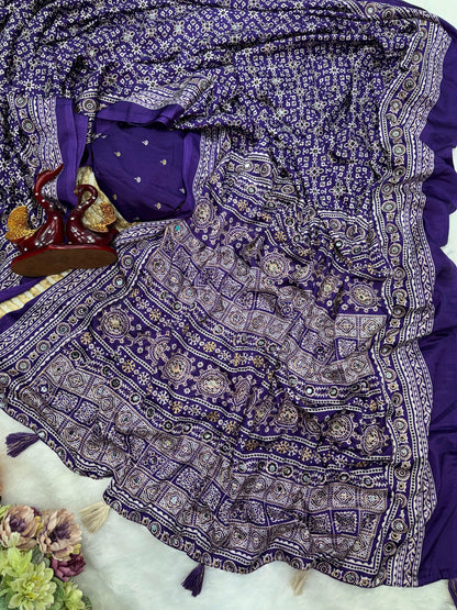 Ajrakh Crepe Silk Sarees with Real Mirror Work – 99 AED VIOLET