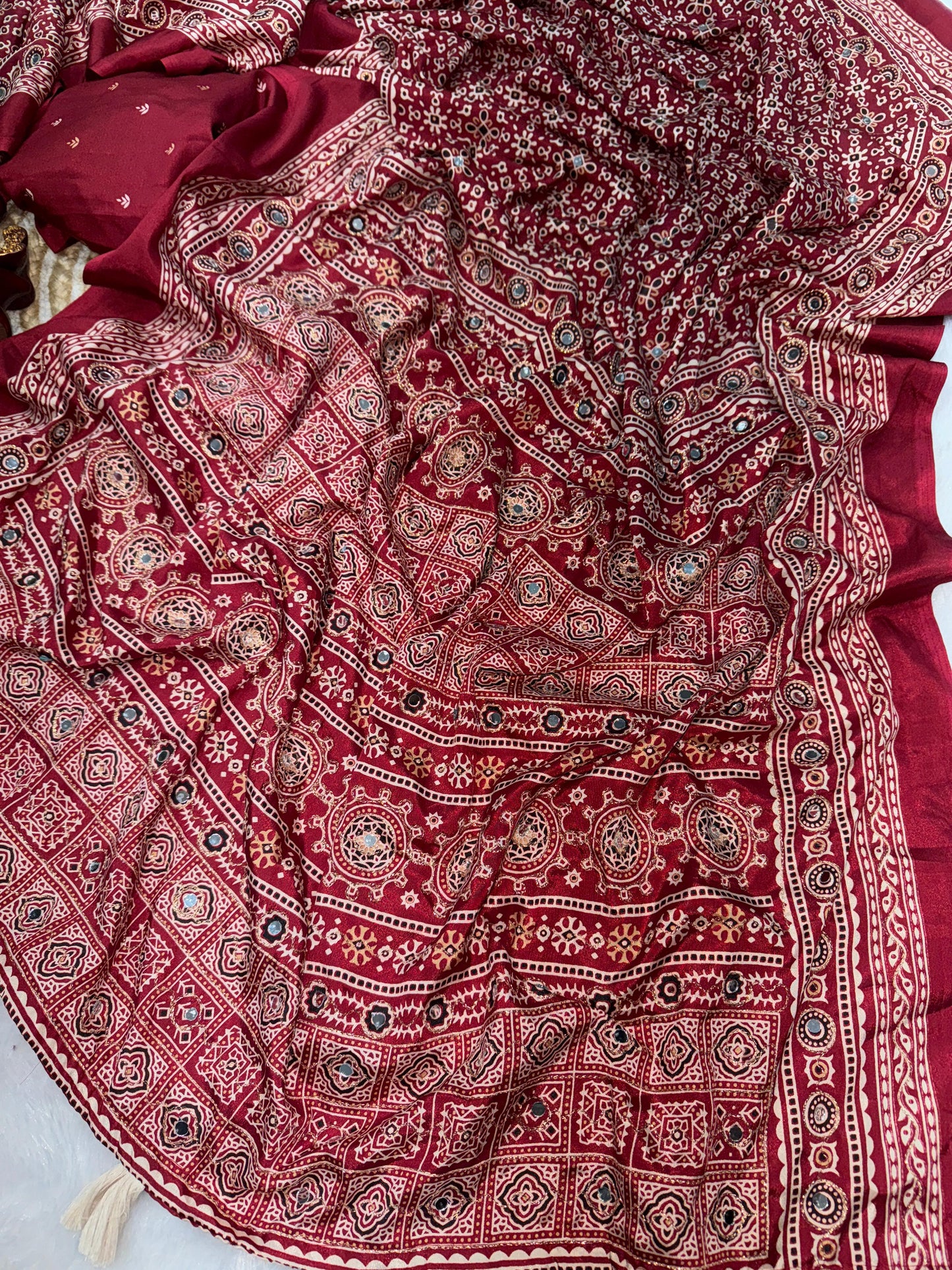 Ajrakh Crepe Silk Sarees with Real Mirror Work – 99 AED DARK RED