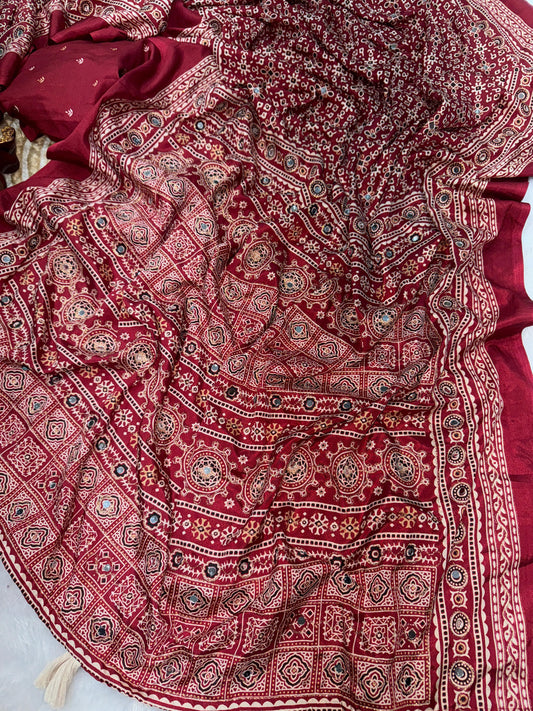 Ajrakh Crepe Silk Sarees with Real Mirror Work – 99 AED DARK RED