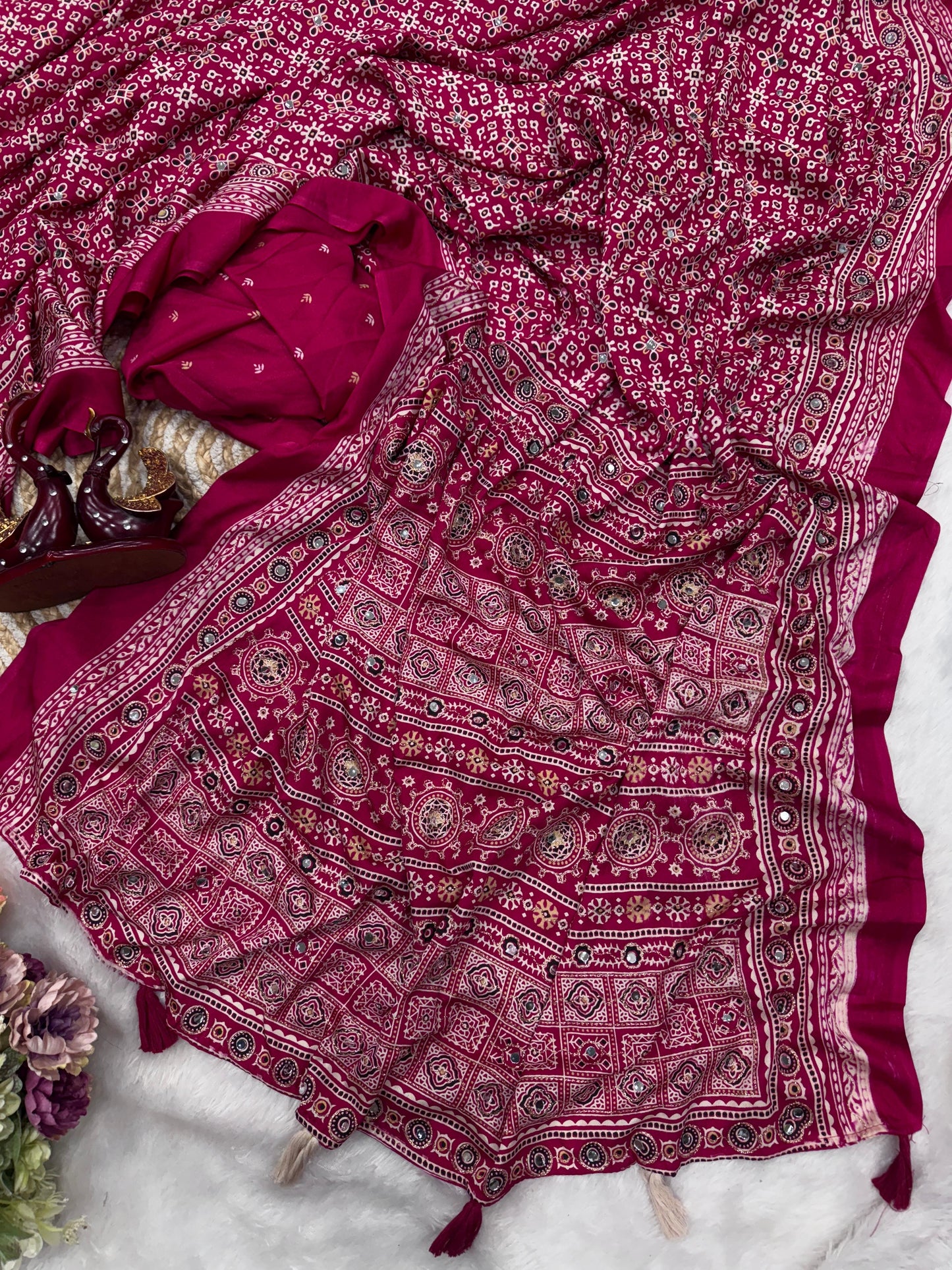 Ajrakh Crepe Silk Sarees with Real Mirror Work – 99 AED RANI PINK
