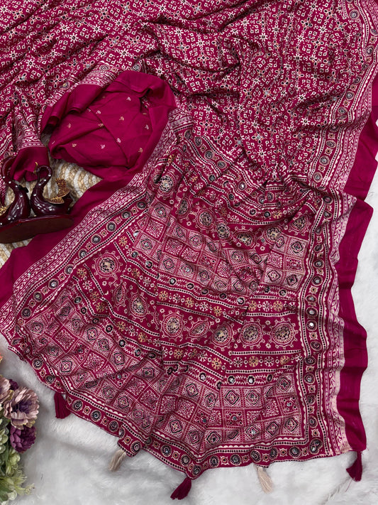 Ajrakh Crepe Silk Sarees with Real Mirror Work – 99 AED RANI PINK