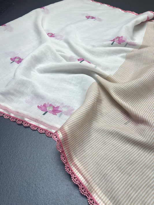 Linen Slub Cotton Saree with Lotus Print & Crochet Lace Borders – 59 AED