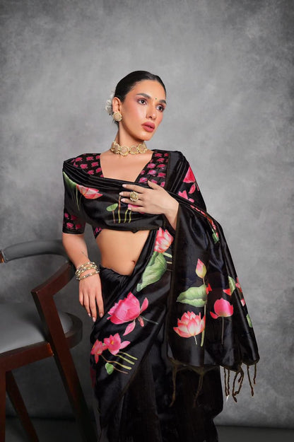 Semi Tussar Silk Floral Saree with Printed Running Blouse – 75 AED