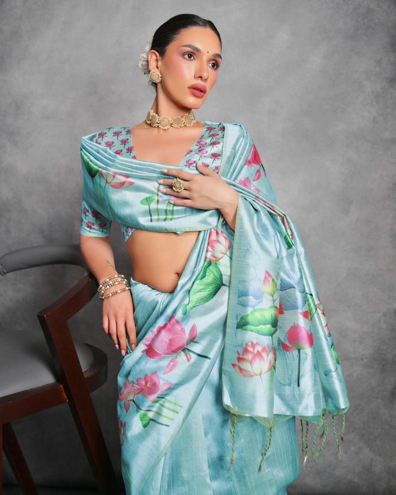 Semi Tussar Silk Floral Saree with Printed Running Blouse – 75 AED