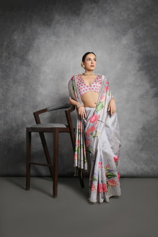 Semi Tussar Silk Floral Saree with Printed Running Blouse – 75 AED