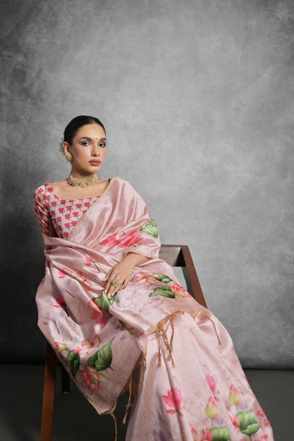 Semi Tussar Silk Floral Saree with Printed Running Blouse – 75 AED