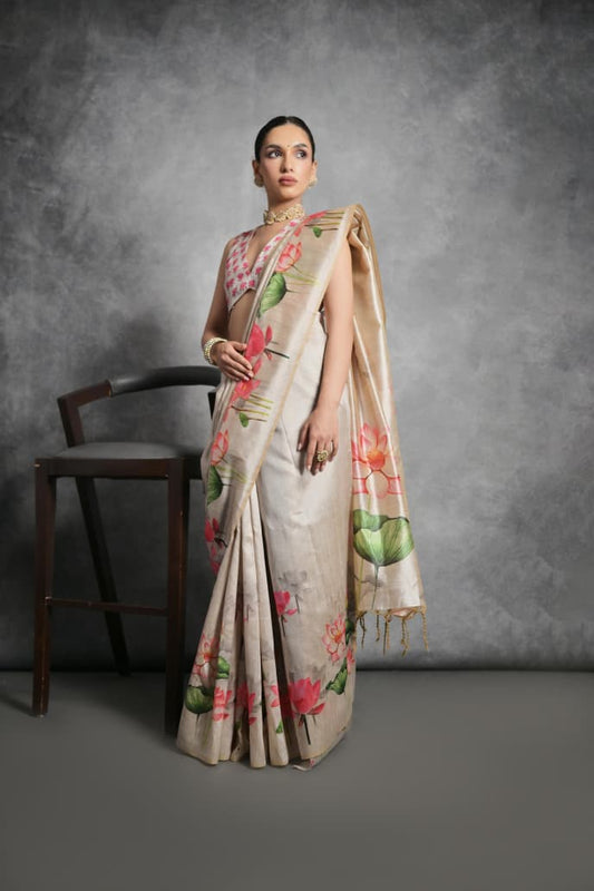 Semi Tussar Silk Floral Saree with Printed Running Blouse – 75 AED